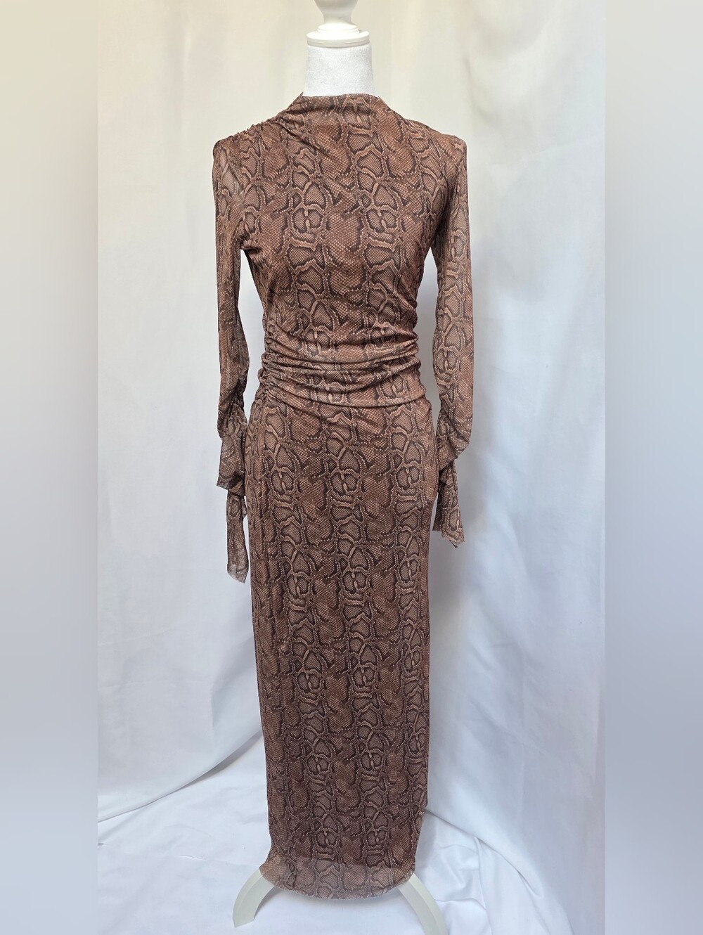 Zara Snake Print Ruched Maxi Dress Sheer Long Sleeve Size S
